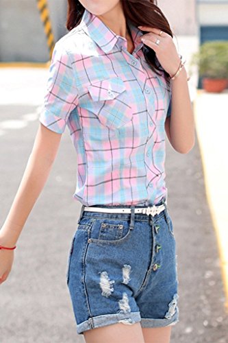 Asher Baby Women's Cotton V Neck Short Sleeve Plaid Shirt Button-Up Shirts, Water Red Blue, Medium #TOP1