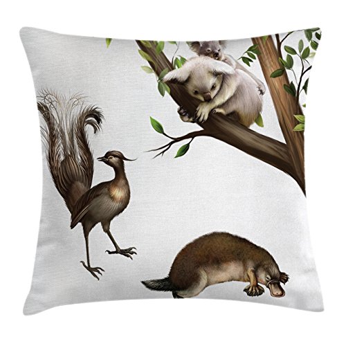 Lunarable Tropical Throw Pillow Cushion Cover, Cartoon Koala Bears Playing on Birches Habitat Characters Theme, Decorative Square Accent Pillow Case, 40