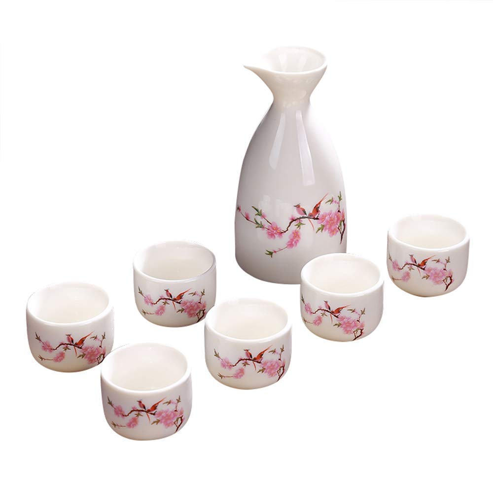 MRKU Set da 7 Pezzi per sakè, Set di Bicchieri da Vino in Ceramica, Design con Fiori sotto Smalto, per tè Shochu Freddo Caldo e Caldo, Il miglior Regalo per la Famiglia e Gli Amici - Servizio da tè