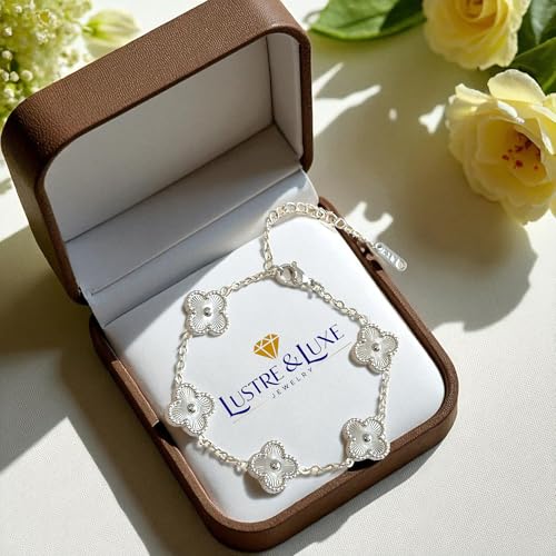Four Leaf Clover Bracelet for Women – White Gold Plated 316L Stainless Steel, Double-Sided Mother of Pearl, Adjustable Lucky Charm Link Bracelet, Elegant Jewelry Gift for Her, Comes with gift Box.2