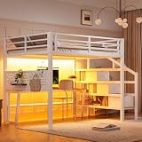 KEIKI Full Size Metal Loft Bed Frame with Storage Staircase & 3 Fabric Drawers & Movable Desk, Loft Bed with Pegboard & Guardrail & Slats, No Box Spring Required, Easy Assembly, for Bedroom, White
