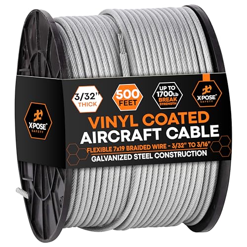 Image of Xpose Safety 7x7 Vinyl-Coated Galvanized Steel Aircraft Cable - 500 ft Wire for Pulley Systems, Winches, Marine & Boat Wire, Deck Railing, Cable Railing, Fencing, DIY Projects