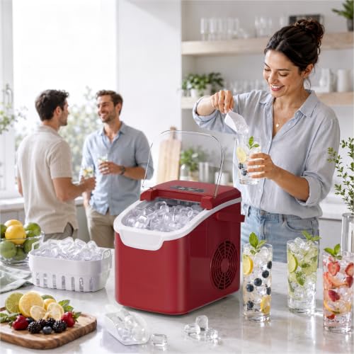 Image of Kismile Countertop Ice Maker Machine, 26Lbs /Day Fastest 6‑Min Ice | 8 bullet ice in 6min, 2 sizes, energy-saving, portable mini, with handle,basket,scoop. Home /bar /RV /camping /office.Red