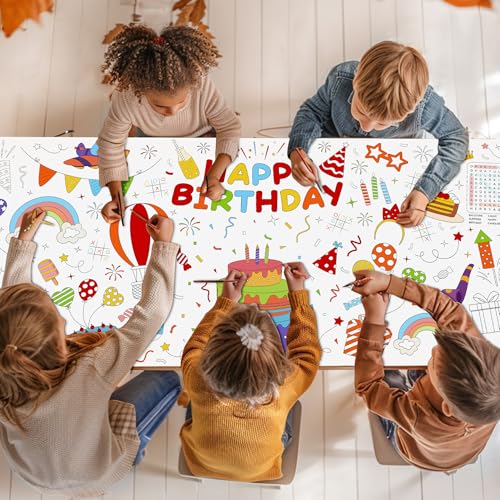 Image of Childom 1 Pack Birthday Coloring Tablecloth Disposable Birthday Tablecloths 30x72 Inch Coloring Table Cloth Paper Tablecloth Rectangle Table Cover