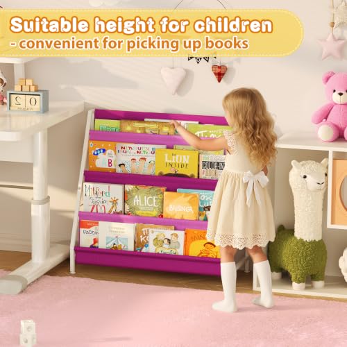 Image of Aokitsink Kids Bookshelf for Kids Rooms, 4-Tier Montessori Bookshelf,Nursery Book Shelves,Pink Toddler Bookshelf, Metal Kid's Book Storage Organizer for Girls Room Furniture Playroom Kindergarten