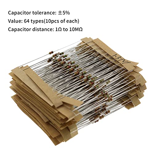 Baugger Resistores de metal,640pcs 1 / 6W 64 Values Kit de Resistores de Filme de Carbono 5% Resisto