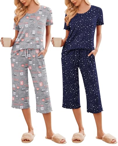 Image of Ekouaer 2 Pack: Women's Pajamas Set Short Sleeve Sleepwear Capri Pants Pjs Soft Loungewear with Pockets