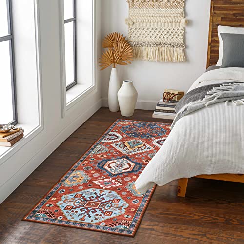 Lahome Ultra-Thin Red Washable Rug Runner 2X5, Boho Medallion Laundry Room Rug Low Profile Hallway Rug Runner, Persian Tribal Non Slip Indoor Floor Carpet Runner For Living Room Kitchen Bedside #TOP5