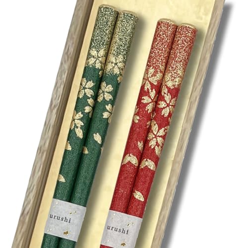 橋本幸作漆器店 桜ふぶき 2膳セット 輪島うるし箸 乾漆仕上げ 桐箱入り 日本製 高級 滑りにくい 夫婦箸 お揃い ペア ギフト 記念日 プレゼント (緑, 赤)