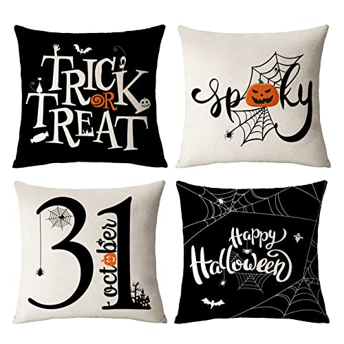 Halloween Pillow Covers 18x18 Set of 4 Trick or Treat Decorative Throw Pillows Cover Black Spider Webs Pillow Cases Home Outdoor Sofa Couch Cushion Covers for Halloween Decor (18 by 18)