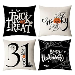Halloween Pillow Covers 16×16 Set of 4 Trick or Treat Decorative Throw Pillows Cover Black Spider Webs Pillow Cases Home Outdoor Sofa Couch Cushion Covers for Halloween Decor (16 by 16)