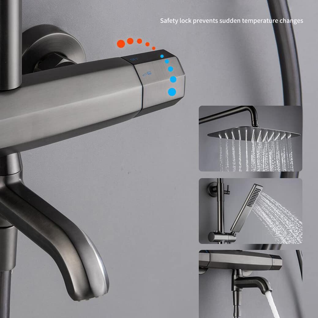 Soffione Doccia di Lusso in Ottone Grigio con Sistema termostatico - Miscelatore a 3 funzioni Regolabile in Altezza con deviatore per Vasca e soffione a spruzzo, Set Doccia Premium per bagn