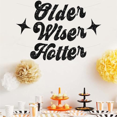 Image of BEISHIDA Glitter Black Older Wiser Hotter Banner with Star, Funny Birthday Banner 30th 40th 50th 60th 70th 80th Party Decorations