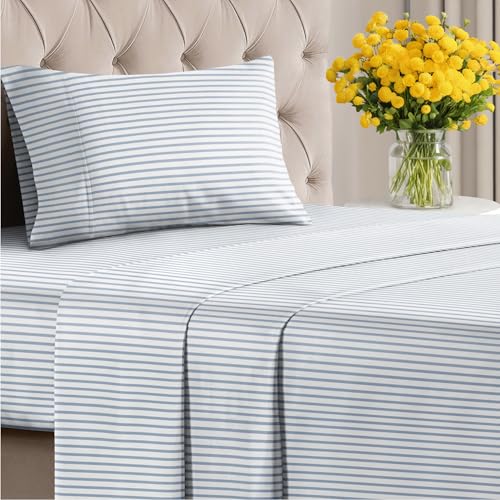 Image of Twin 3 Piece Striped Sheet Set - Soft, Breathable & Cooling - Ocean Stripe