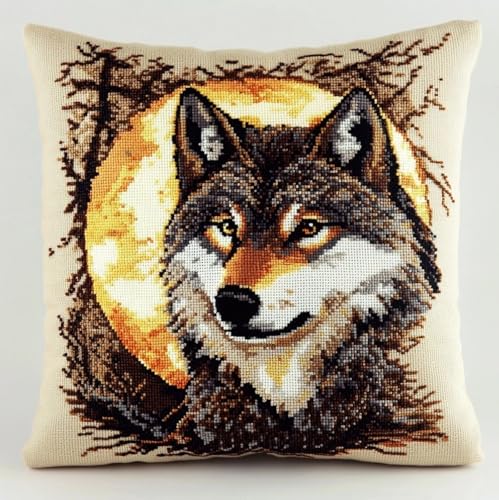 Kit point de croix coussin complet loup sous la lune broderie adulte 45x45cm