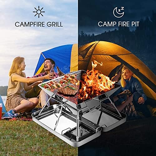 KAHEIGN Stainless Steel Fire Pit, Foldable BBQ Grill Rack Portable Campfire Pit Liftable Wood Burning Charcoal Grill for Camping Picnic Patio Backyard Garden - with Fire Tube, Iron Box, Carrying Bag