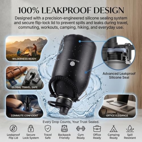 Image of Insulated Water Bottle 4000ml, Hot Water Bottle, Thermosteel Water Bottles for Travel, Home, Office, School, Gym, Adults, ISI Certified Water Bottle 12+ Hr Hot and 18+ Hr Cold, Black