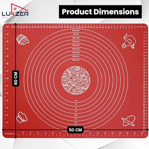 Image of Lukzer Non-Stick Silicone Baking Mat with Measurements for Fondant Pastry Dough Roti Chapati & Pizza | Reusable Kneading Rolling Sheet Easy to Clean Food Grade 50 x 40 cm (Red)