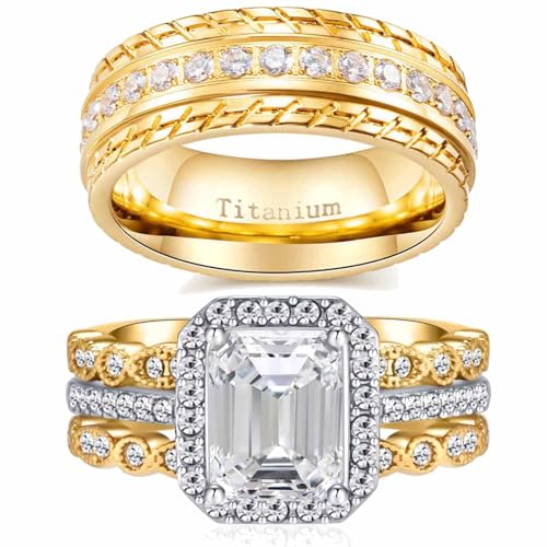 ringheart Couple Rings 4pcs Matching Rings 1ct AAA CZ Yellow Gold Plated Women Wedding Ring Sets for Him and Her