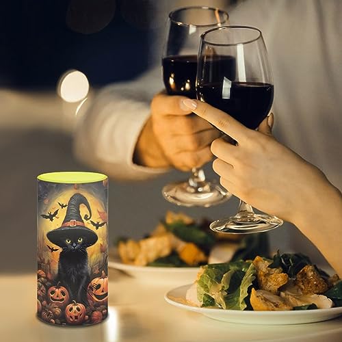 Image of Flickering Flameless LED Battery Powered Pillar Candles Tealight with 18-Key Timer Remote with Colorful Light Safe for Indoor Outdoor Halloween Party Decorations, Black Cat Withch Pumpkin
