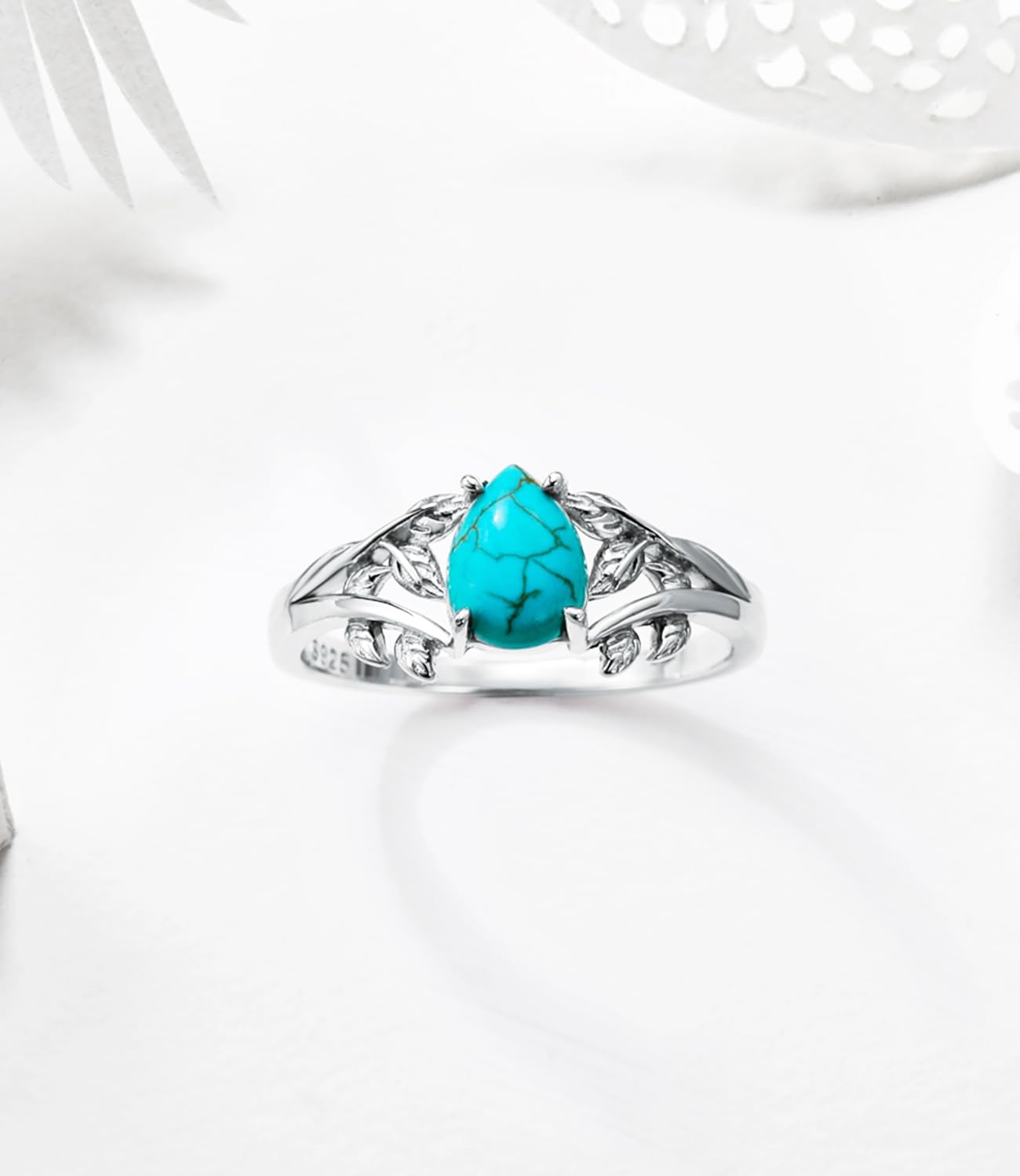 Natural Turquoise Rings for Women 925 Sterling Silver Leaf Jewelry with Teardrop Gemstone Ring Anniversary for Her Wife Mom