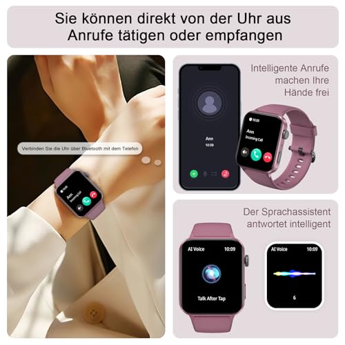 IOWODO Smartwatch Damen Herren 1,85 Zoll Uhren Fitnessuhr Sportuhr mit Schrittzähler Herzfrequenzmonitor Schlafmonitor Fitness Tracker Wasserdicht Lila Bluetooth Anrufe Smart Watch für iOS Android – Bild 3