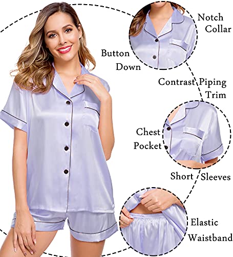 Image of LecGee Womens Silk Satin Pajamas Short Sleeve Loungewear Two-Piece Sleepwear Button-Down Pj Set