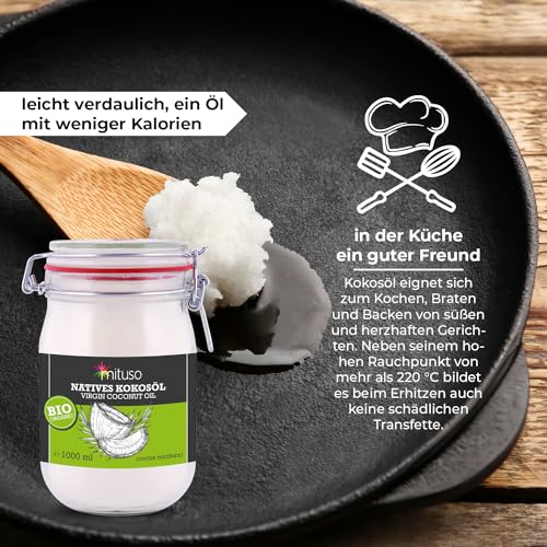 mituso Bio Kokosöl, nativ, 2er Pack (2 x 1000 ml) im Bügelglas