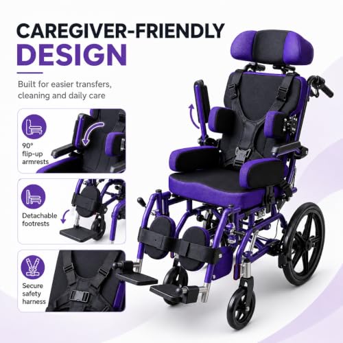 Image of Pediatric Cerebral Palsy Wheelchair - Foldable Adjustable Reclining Wheelchair for Kids,Children's Mobility Wheelchair,Ergonomic Medical Transport Chair for Children with Special Needs (Purple)