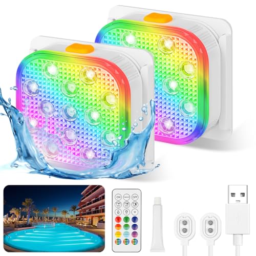 Vicloon Underwater Pool Light, 2 Pcs Rechargeable Hot Tub Lights Remote Control, 16 Colors & 6 Dynamic RGB Modes, IP68 Waterproof LED Light for Pool, Vase Base, Spa, Aquarium, Pond, Party Decor