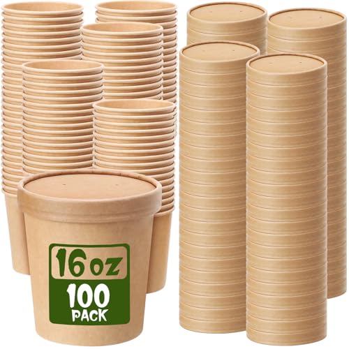 Image of Fulmoon 16 oz 100 Pack Paper Containers with Lids Soup Bowl Cup, Brown | Disposable Ice Cream Cup, Kraft Food Containers with Vented Lid Stackable for Hot Soup Dessert Cake Fruit Microwave Takeout