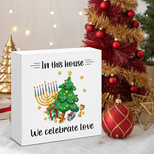 Image of Hanukkah Decor, Hanukkah Gifts for Women Men, In This House We Celebrate Love Wood Box Sign, Jewish Christmas Decorations for Home Office Shelf 5 x 5 Inch