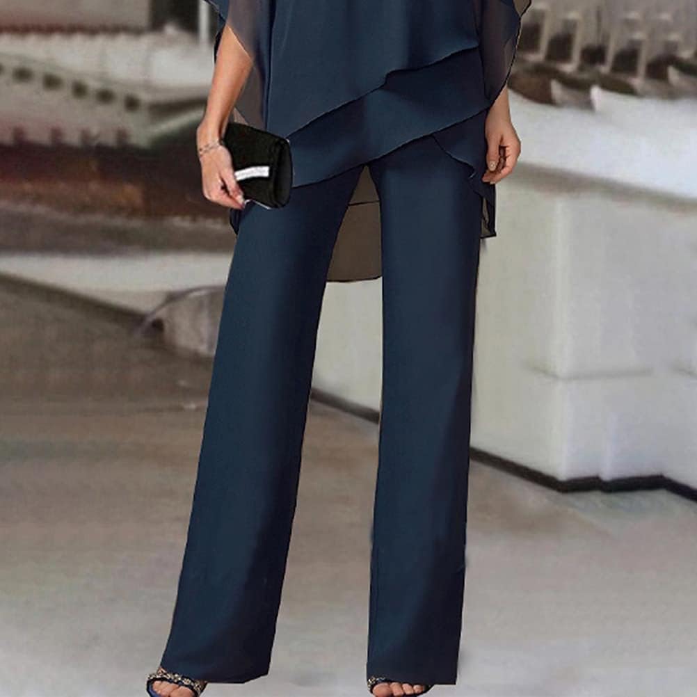 Generisch Ensemble 2 pièces élégant et vintage pour femme - Avec tulle - Ensemble de soirée 2 pièces - T-shirt en mousseline et taille haute - Pour cocktail - Pantalon festif - Élégant - 2 pièces