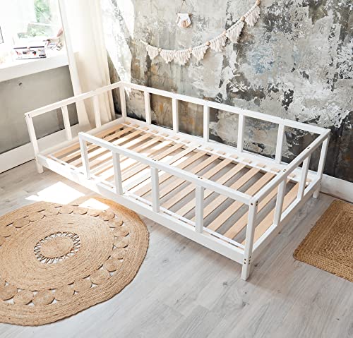 BUSYWOOD Montessori Frame Bed – Home and Bedroom Decor Furniture – Montessori Bed with Fence in Playroom – Full Size Bed Frame – Kids Bed – Toddler Bed Frame (Model 10, Bed with Legs and Slats)