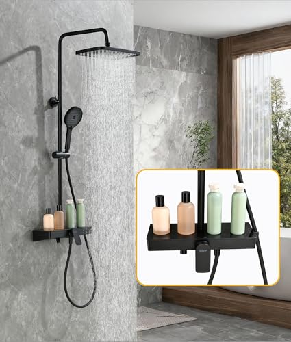 Süßren Shower System,Mixer Shower Set with 35×14cm Glass Shelving Unit,Rainfall Shower Head,3 Modes Handheld Showerhead,Bottom Outlet,Height-Adjustable Stainless Steel Shower Set (Black)