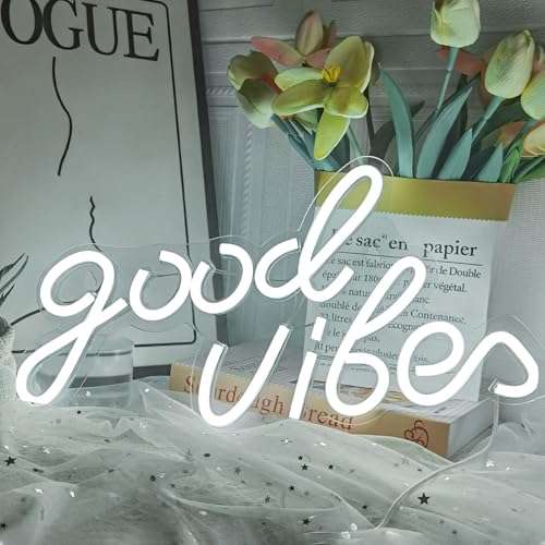 Image of Good Vibes Neon Sign White Good Vibes Neon Lights USB Operated Aesthetic LED Signs for Bedroom Wall Decor Birthday Party Wedding Salon Bar Home Girl Cave