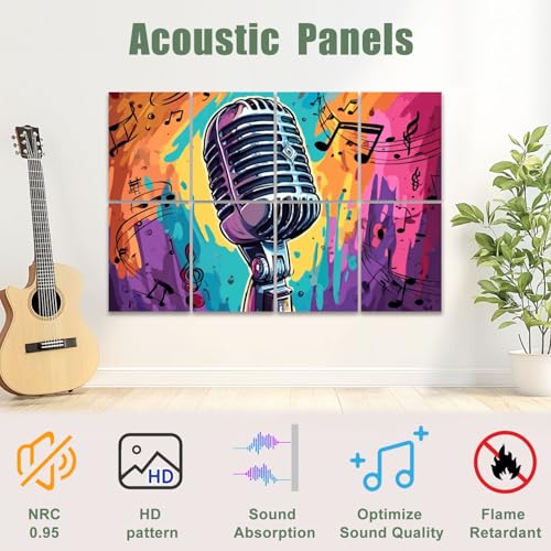 8 Paneles Acústicos Artísticos Autoadhesivos Pack de 8 con Diseño Retro de Micrófono y Notas Musicales Coloridos para Oficina, Hogar y Estudio, 48"x32" miniatura 4