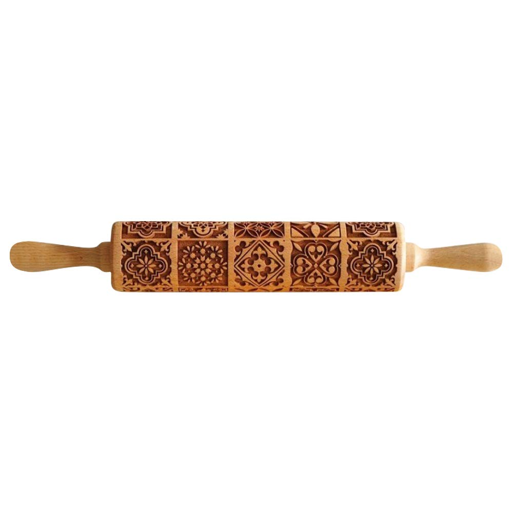 Vintage Rolling Pin Embossed,Christmas Wooden Rolling Pins - 3D Engraved Embossing Rolling Pin Fondant Dough Vintage Pattern Engraved Roller (15 inch)