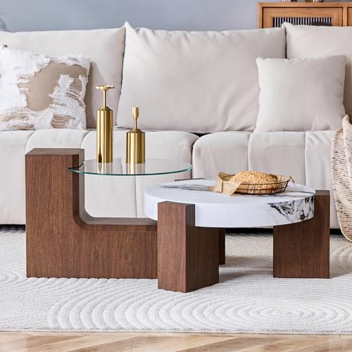 Table basse combinable salon aspect noyer MDF et verre de sécurité