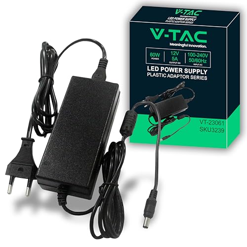 V-TAC Alimentatore 12V 60W 5A con Jack 2.1 per Telecamere, Strisce LED, Modem - Trasformatore Universale 12V con Spina di Corrente Casa per Schermi, Apparecchiature Elettroniche - Input AC 100-240V
