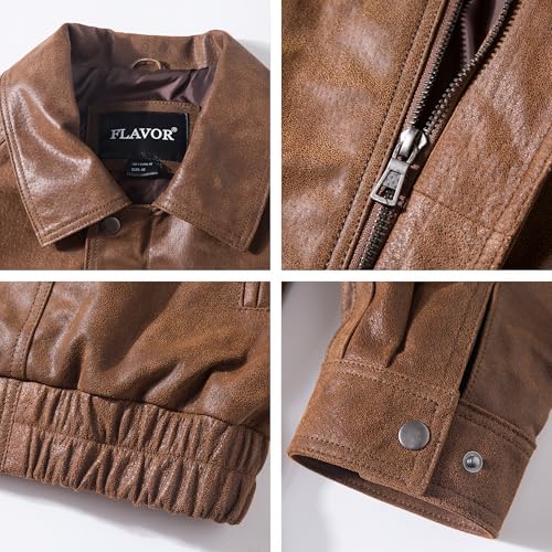 Image of FLAVOR Men Casual Leather Bomber Jacket Classic Aviator Flight Jacket Black
