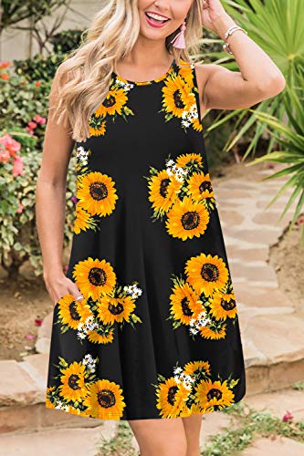 Spadehill Women's Sundress Floral Printed Boho Beach Swing Casual Pocket Sleeveless Cotton Tank Dress Sunflower L - Image 3