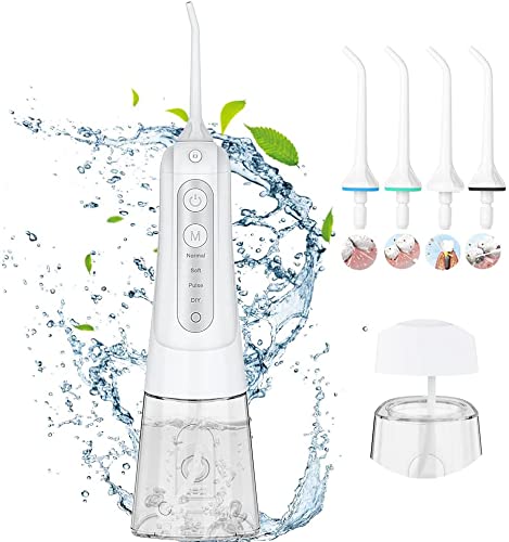 Water Teeth Cleaner Cordless, Water Flosser Rechargeable Teeth Cleaner, Professional Electric Portable Oral Irrigator with 4 Modes and 4 Jet Tips