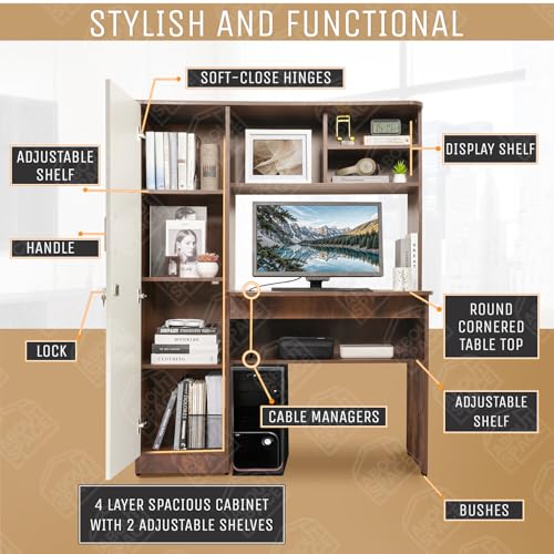 Image of ABOUT SPACE Study Table with Hutch & Cabinet - Computer Table with Top Bottom Storage DIY Engineered Wood Office Desk with Adjustable Shelves Cable Management (Walnut, White - L 119 x B 60 x H 153cm)