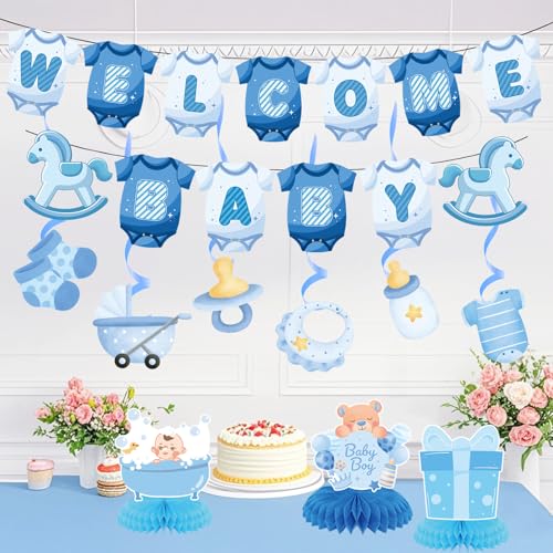 Image of Baby Shower Decorations for Boy- Baby Shower Banner Blue Paper Welcome Baby Banner Welcome Baby Sign