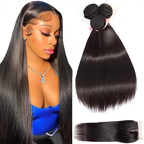 ANGIE QUEEN Brazilian Virgin Hair Human Hair Bundles Weaves 100% Unprocessed Human Hair Extention Nature Black Color (18 18 20+16 closure, Straight Bundles with Middle Part Closure)