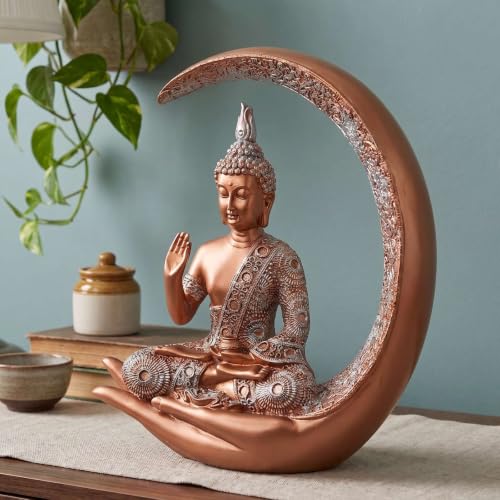 Image of Antique Big Meditating Moon Buddha Statue Showpiece for Home Decor - Living Room - House Warming - Office - Gifting - Buddha Idol Polyresin Decorative Figurine (9 Inch / 23 cm, Gold, Silver)
