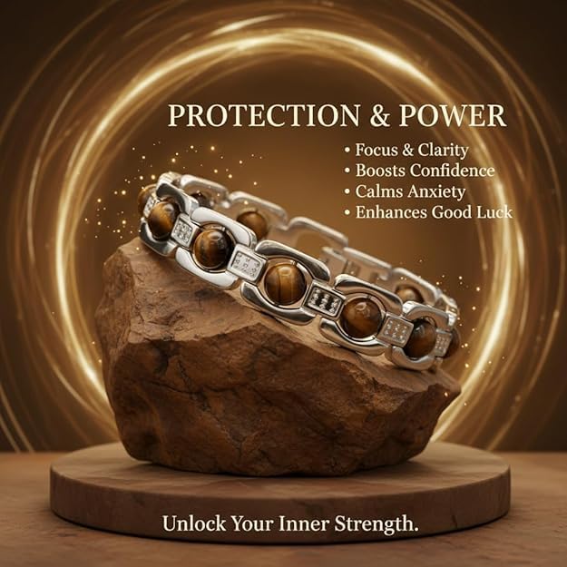 Image of Arihant Gems & Jewels Tiger Eye Bracelet for Men & Women | Natural Tiger Eye Stone Healing Bracelet | Wealth, Protection & Confidence Crystal | 8mm Beaded Stretch Bracelet for Unisex.