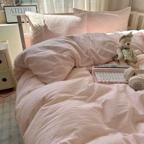Image of MKXI Vintage Floral Duvet Cover Set Twin XL - Pink & White Gingham Check with Lace Border, Soft Washed Microfiber 3-Piece Bedding Set for Girls, Teens & Adults, Princess Cottagecore Style