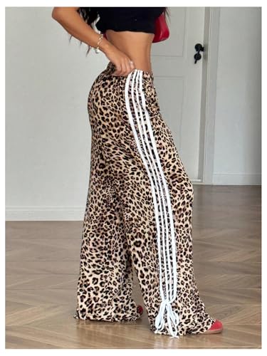 OYOANGLE Women's Leopard Print Striped Knot Side Trousers High Waist Straight Leg Baggy Pants2